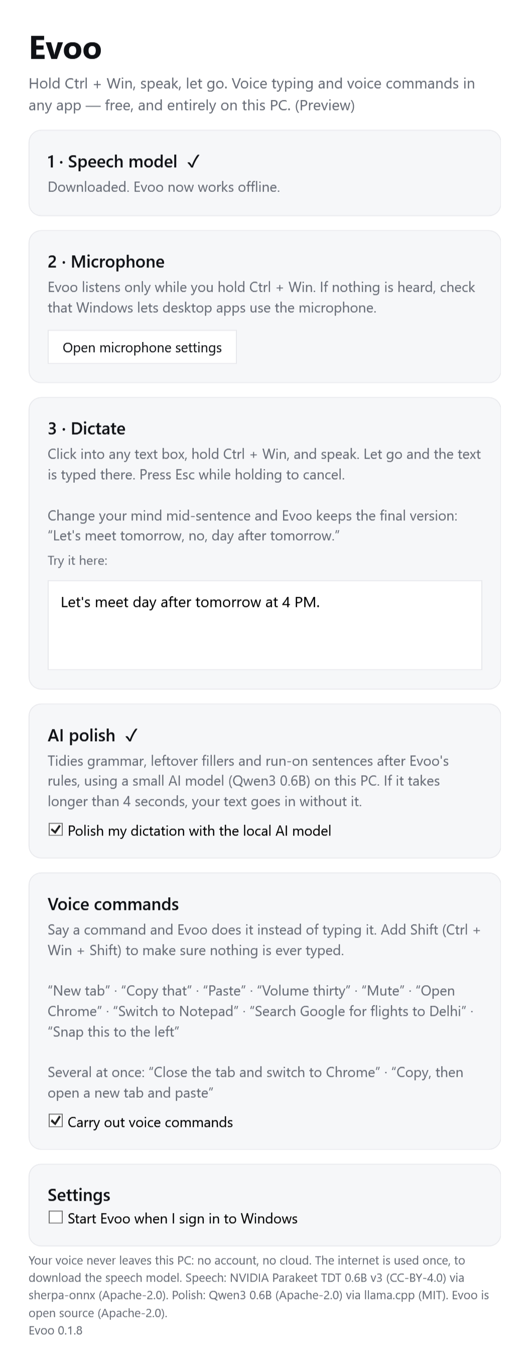 Evoo's setup window on Windows: speech model, microphone, dictate, AI polish and voice commands